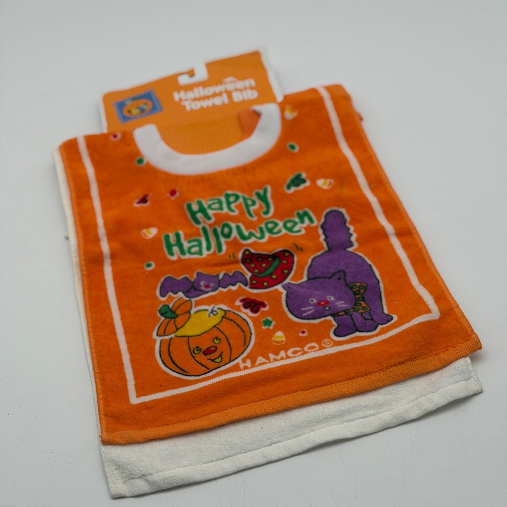Vintage 2000 Hamco Halloween Towel Bib 2 Pack Purple Cat Ghost Pumpkin Cotton